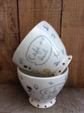 Hens and chickens. Coffee bowls made of porcelain. Bowl with french inscription «bol à café»