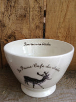 La pause-café du chalet, french inscription.Handmade bowl with a deer for the chalet