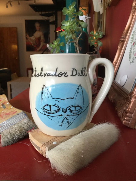 Salvador Dali Mug with a grumpy cat, inscription inside Chalvador Dali