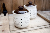 Garlic cellar with a birch pattern. keep your garlic longer,  with this pot with three holes. Made of porcelain in Quebec