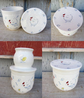 Hens and chickens. Coffee bowls made of porcelain. Bowl with french inscription «bol à café»