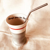 Verre à café « mange pas tes bas » gris avec une ligne rouge.Nice hot chocolate glass. Beer or coffee mug for your Chalet , Quebec expression " Mange pas tes bas! " .handpmade ceramic. in Quebec
