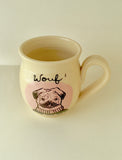 Pug mug love " made of hand-turned porcelain clay with a dog a pink round design an inscription "Wouf" left handed or right handed available