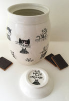 Cat treats jar with  Black illustration of cats. Handmade pottery wheeltrown.