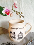 Cats mug, made of hand-trowned porcelain.cat design with an inscription "Une chance qu'on chat" left handed or right handed available