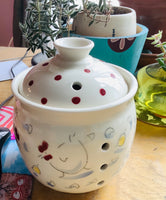 Pot à ail, motif de poules et poussins.Garlic cellar handmade pottery with chicken design hand painted